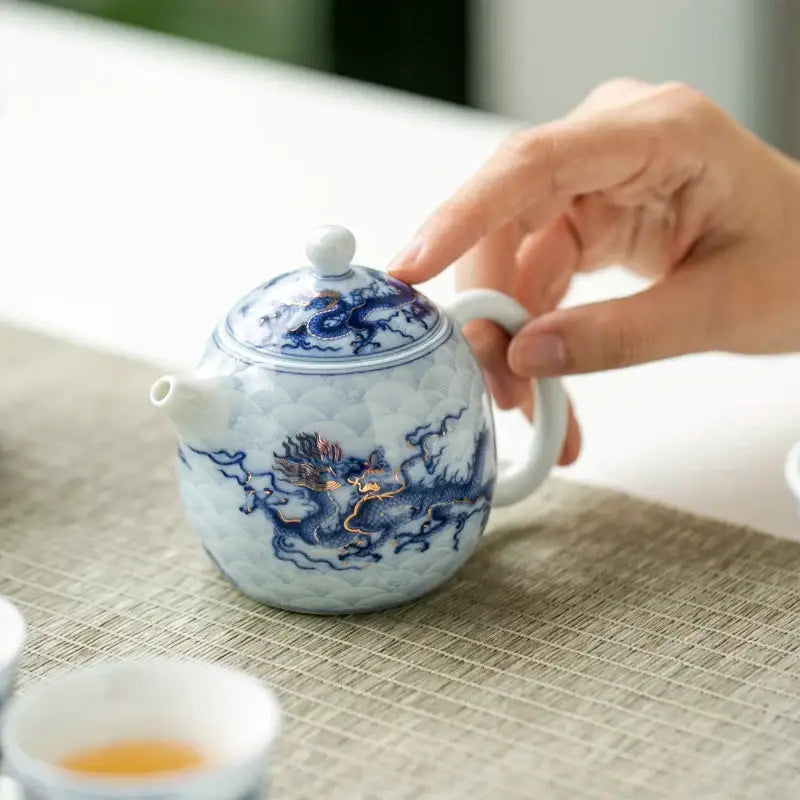 Hand-painted blue dragon teapot with lid