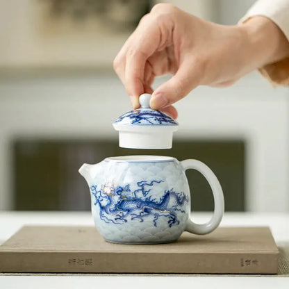 Blue dragon design on Chinese ceramic teapot