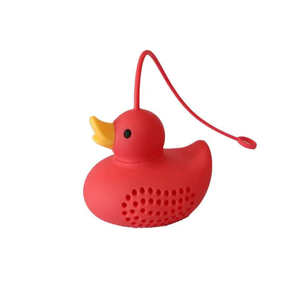 Red duck tea infuser with a cup of tea
