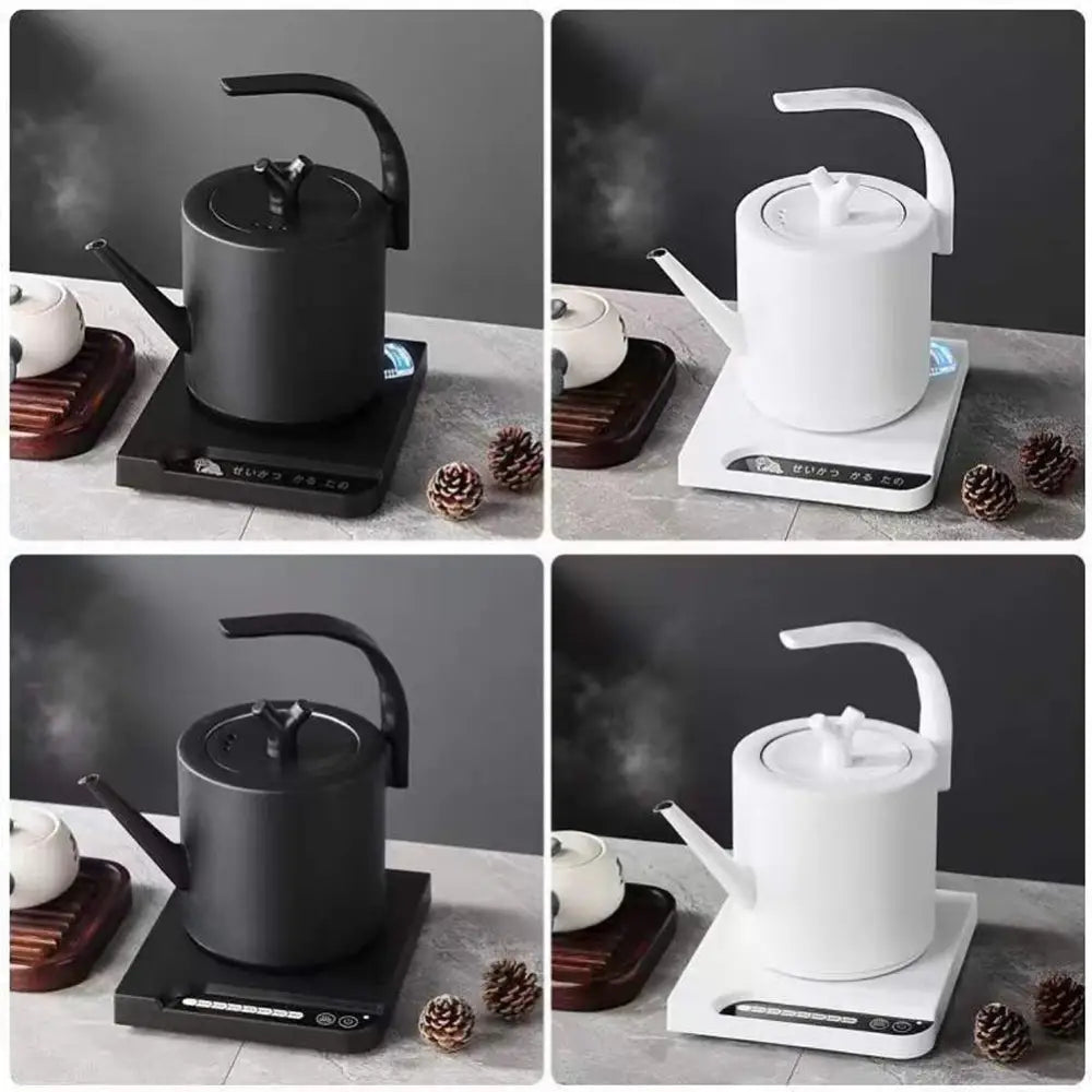 Electric gooseneck kettle pouring precise stream of hot water into small teapot