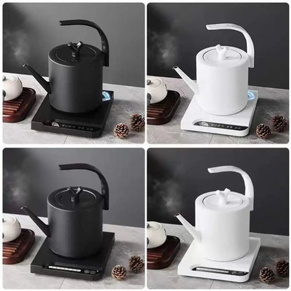 Electric gooseneck kettle pouring precise stream of hot water into small teapot