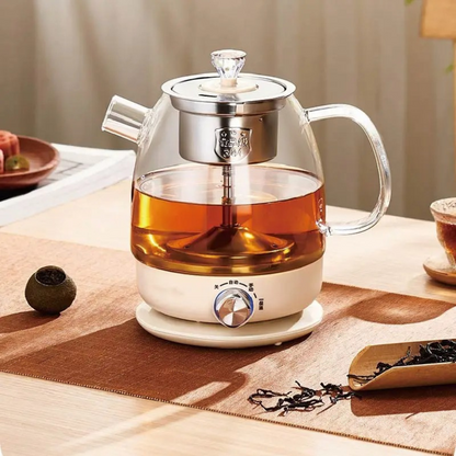1-liter electric glass teapot on cordless keep-warm base, side angle