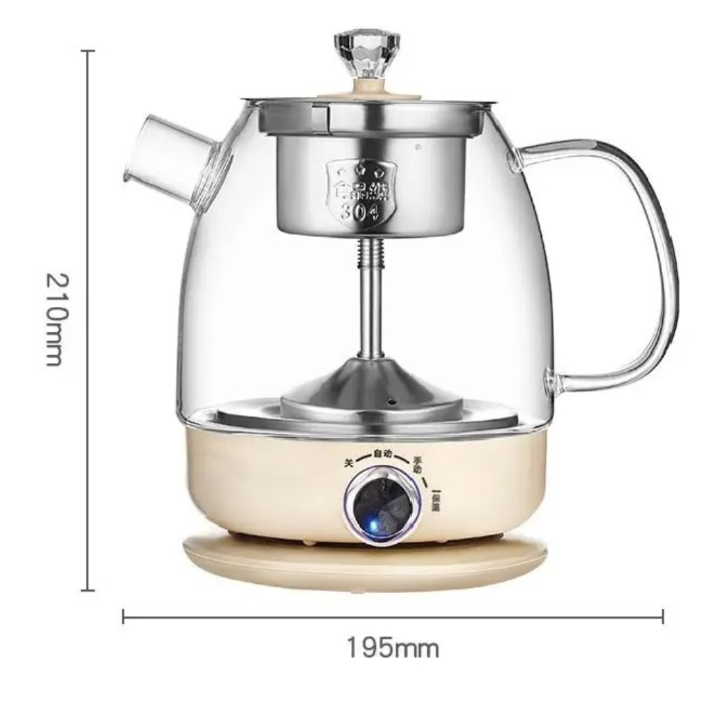 Close-up of loose-leaf tea steeping inside glass teapot infuser