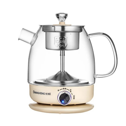 Control panel buttons on electric glass teapot showing automatic and manual brew modes