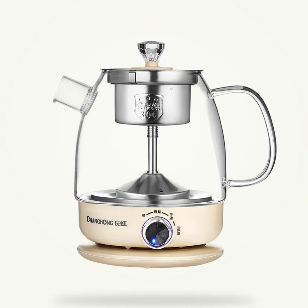 Electric glass teapot with infuser 1L automatic keep warm, front view on white background