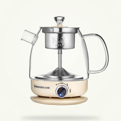 Electric glass teapot with infuser 1L automatic keep warm, front view on white background