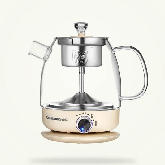 Electric glass teapot with infuser 1L automatic keep warm, front view on white background