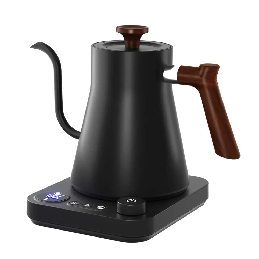 Electric gooseneck kettle with temperature control dial, side profile view
