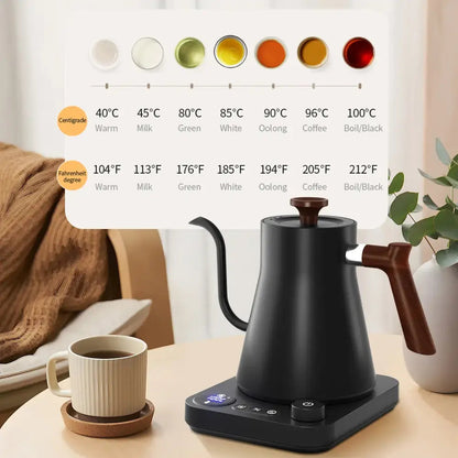 Close-up of gooseneck spout on electric tea kettle, black finish detail