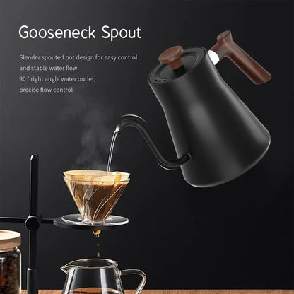 Temperature-controlled electric gooseneck kettle on cordless base, control panel visible