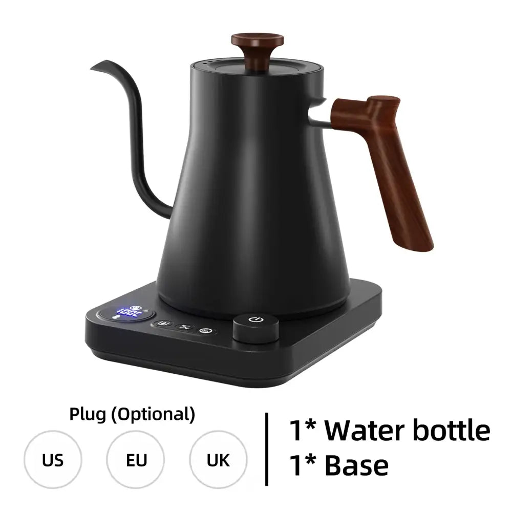 Electric gooseneck kettle steaming in cozy kitchen, loose leaf tea brewing setup