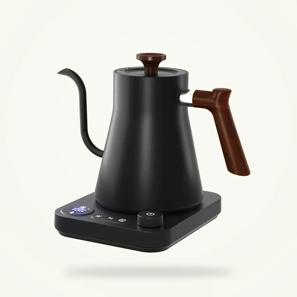 Electric gooseneck tea kettle with temperature control, 0.9L, front view on plain background