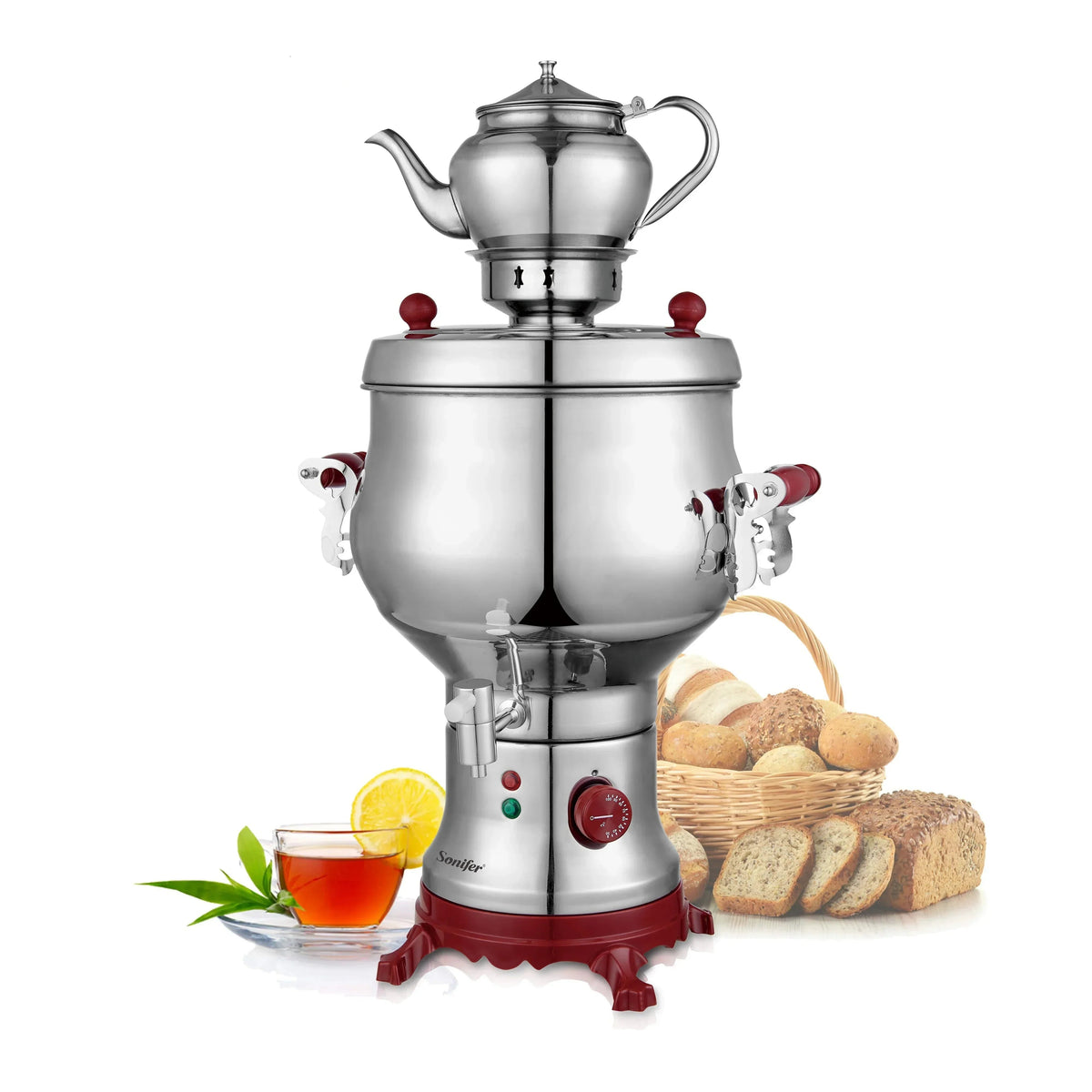 Electric Turkish samovar 6L silver and red with ceramic teapot on top