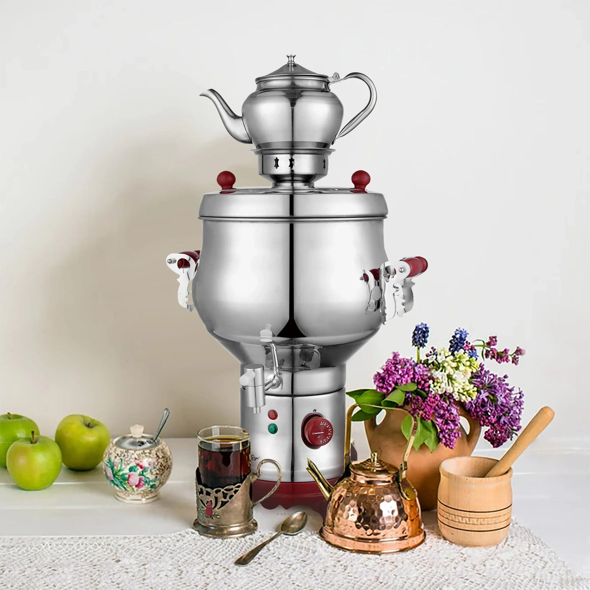 Electric samovar base boiling water with steam rising, Turkish çay preparation