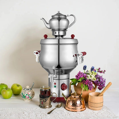 Electric samovar base boiling water with steam rising, Turkish çay preparation