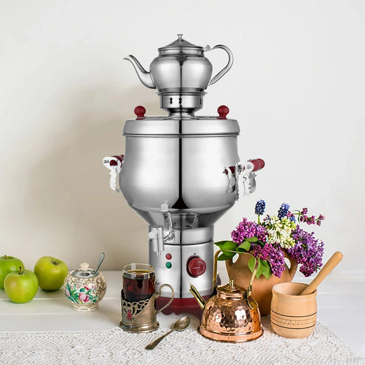 Electric samovar base boiling water with steam rising, Turkish çay preparation