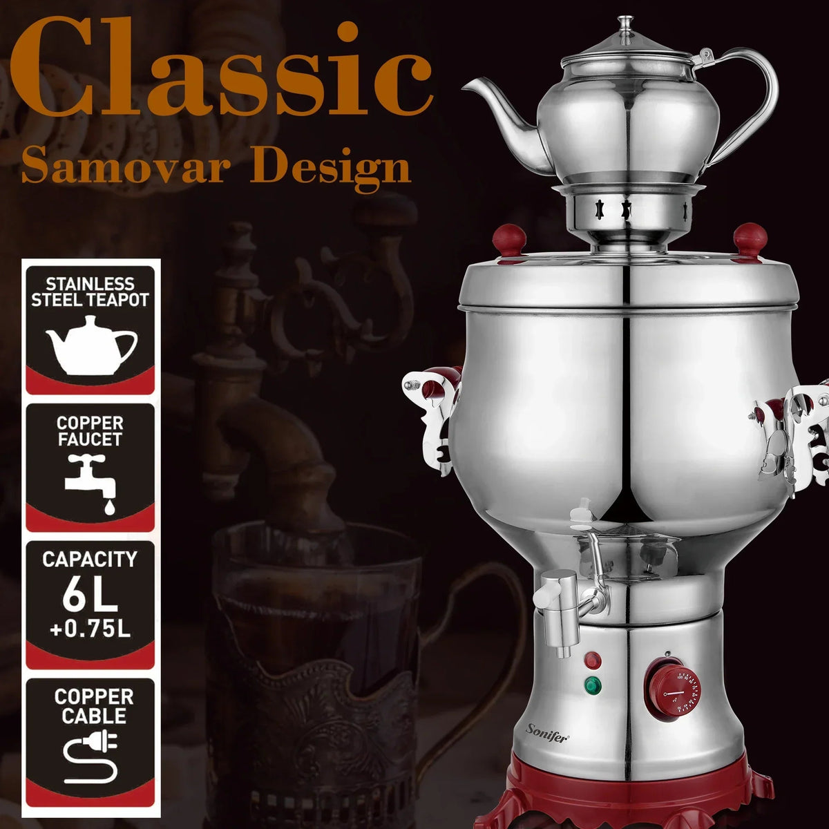 Electric samovar 6L on kitchen counter with traditional Turkish tea glasses