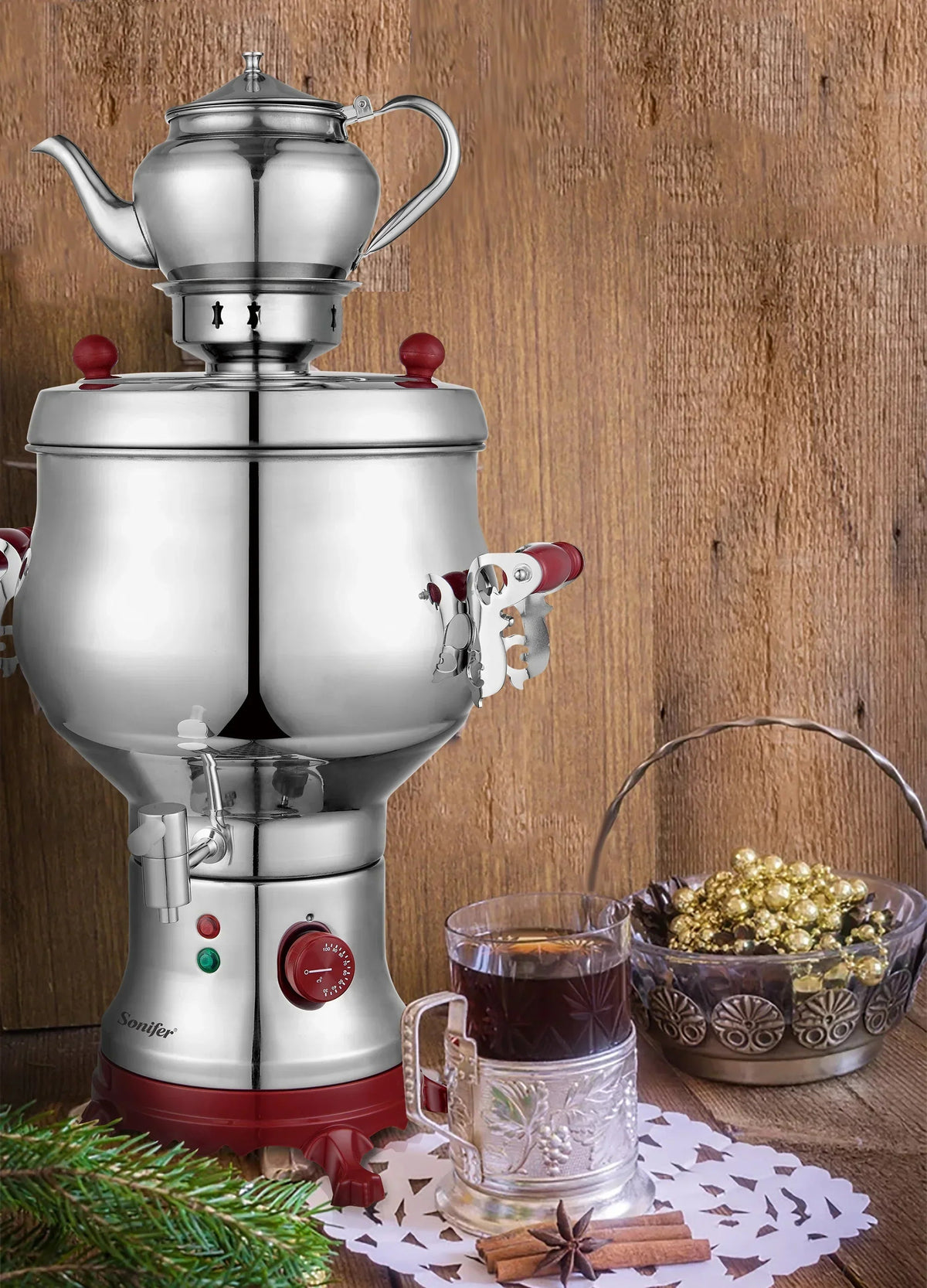 Full view of Turkish electric samovar red and silver design, countertop setup