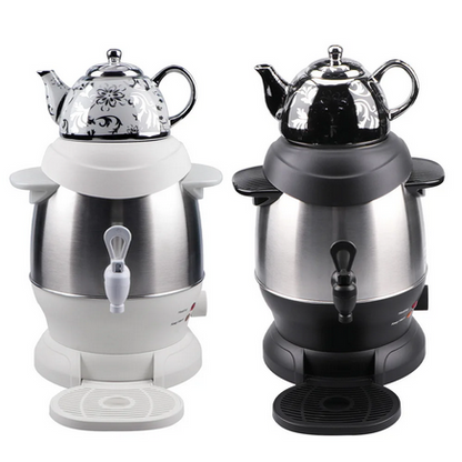 Black electric Turkish tea maker samovar 6L plus 1L teapot stacked on countertop