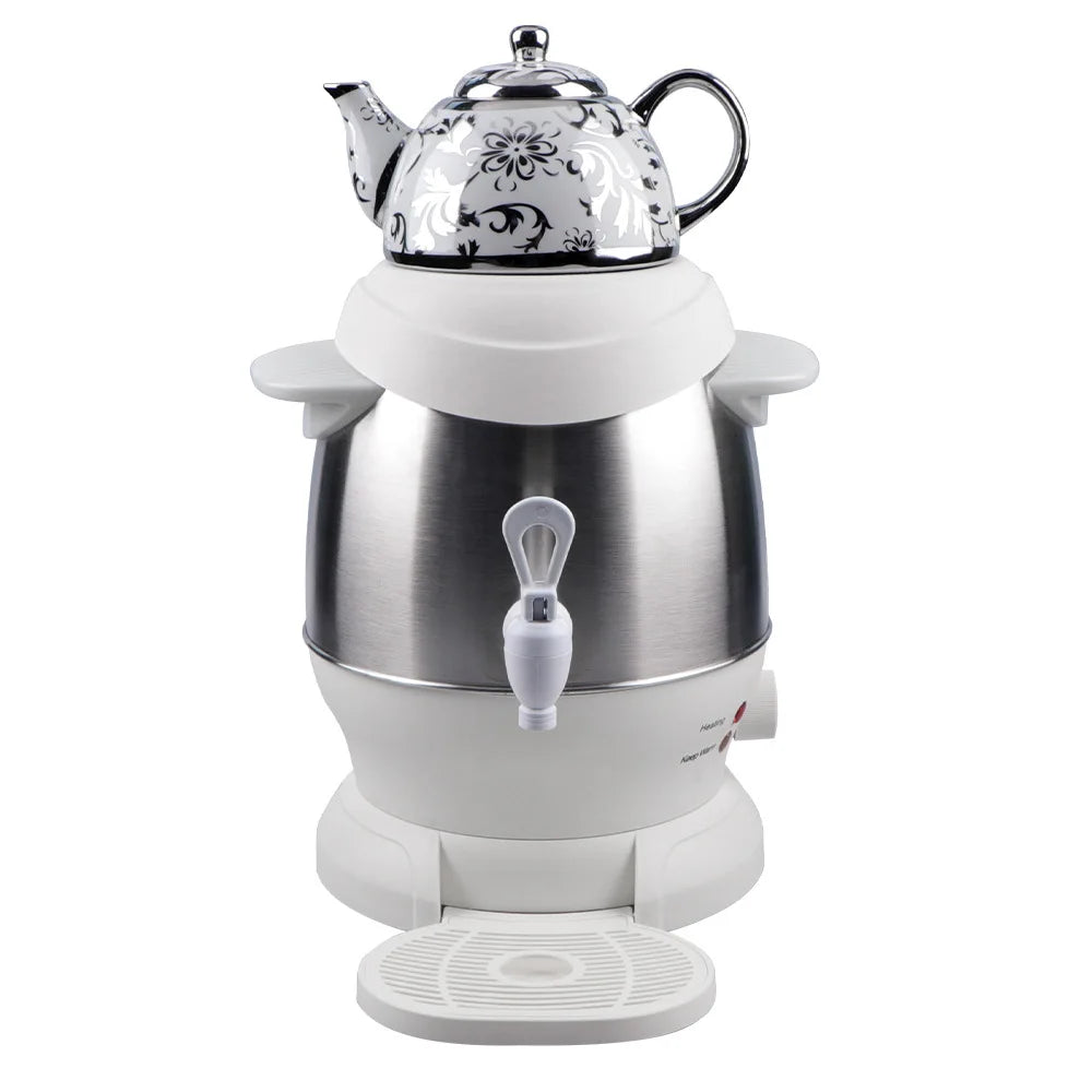 Electric samovar teapot black finish, side view showing two-vessel çaydanlık design