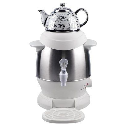 Electric samovar teapot black finish, side view showing two-vessel çaydanlık design