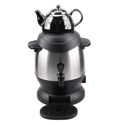 Turkish tea maker 6L base kettle with upper 1L teapot, black samovar detail view