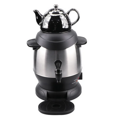 Turkish tea maker 6L base kettle with upper 1L teapot, black samovar detail view