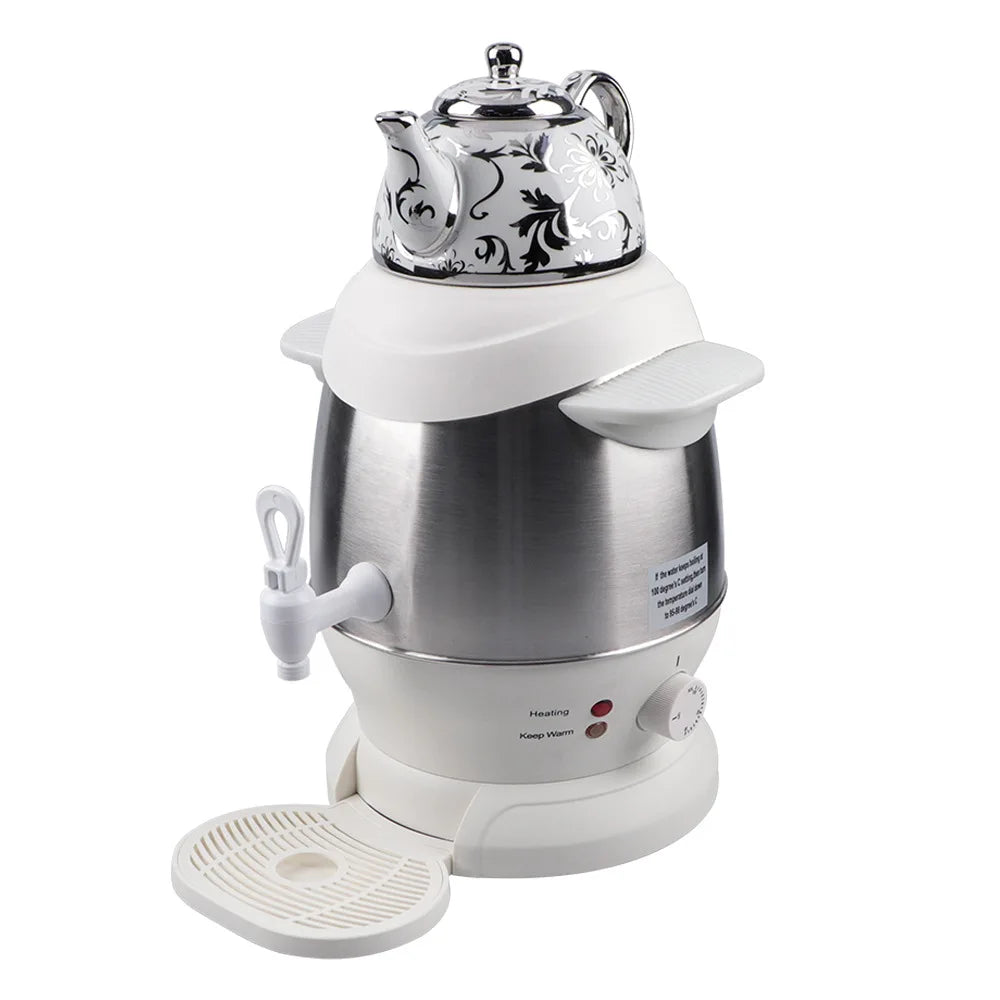 Electric samovar teapot for large gatherings, base spout detail, black finish