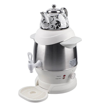 Electric samovar teapot for large gatherings, base spout detail, black finish