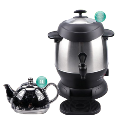 Turkish tea maker white finish variant, electric samovar 6L plus 1L countertop setup