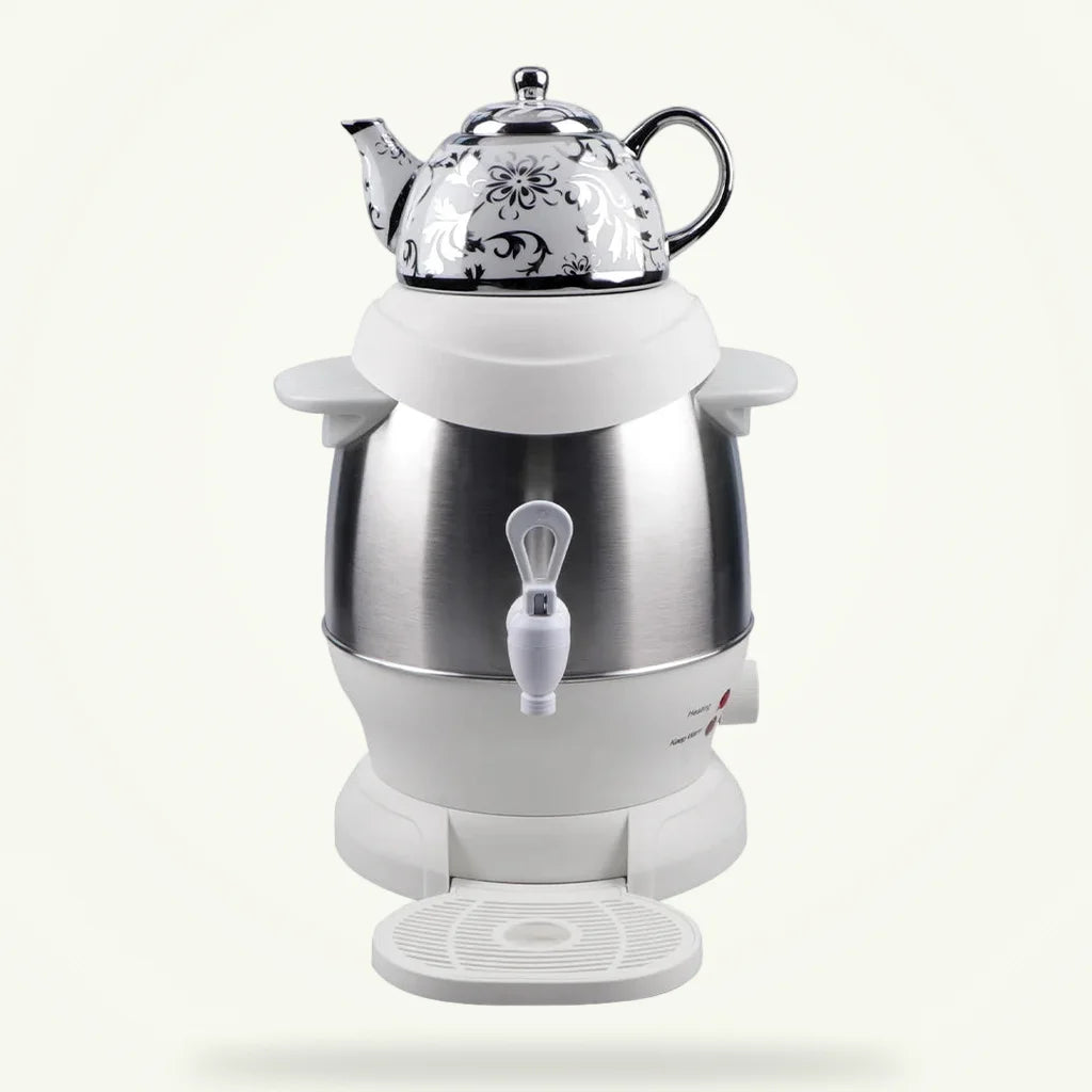Electric samovar teapot 6L base kettle and 1L upper teapot, product packshot on plain background