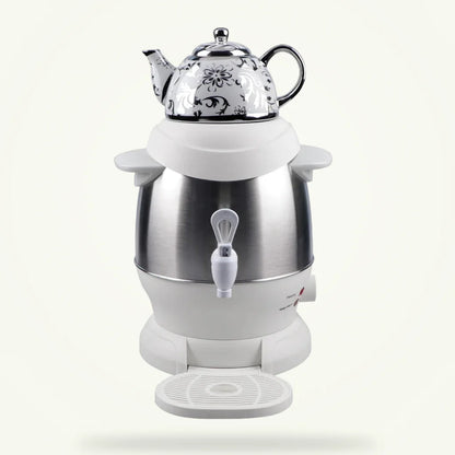 Electric samovar teapot 6L base kettle and 1L upper teapot, product packshot on plain background