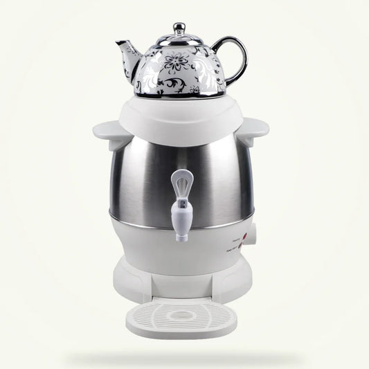 Electric samovar teapot 6L base kettle and 1L upper teapot, product packshot on plain background