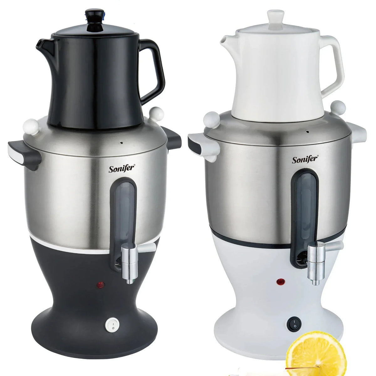 Side view of electric samovar with black 0.75L teapot, modern finish