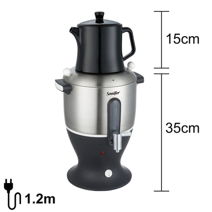 Electric samovar pouring hot water into traditional tulip tea glass