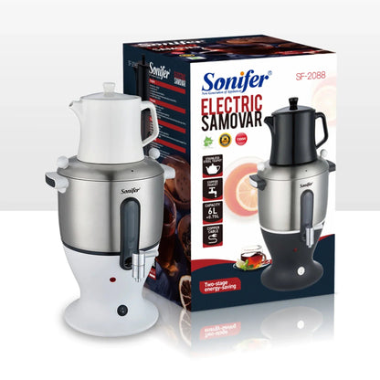 Electric Turkish samovar in kitchen setting, 6L water boiler in use