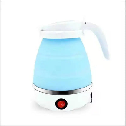 Blue glass electric kettle with stainless steel heating element visible