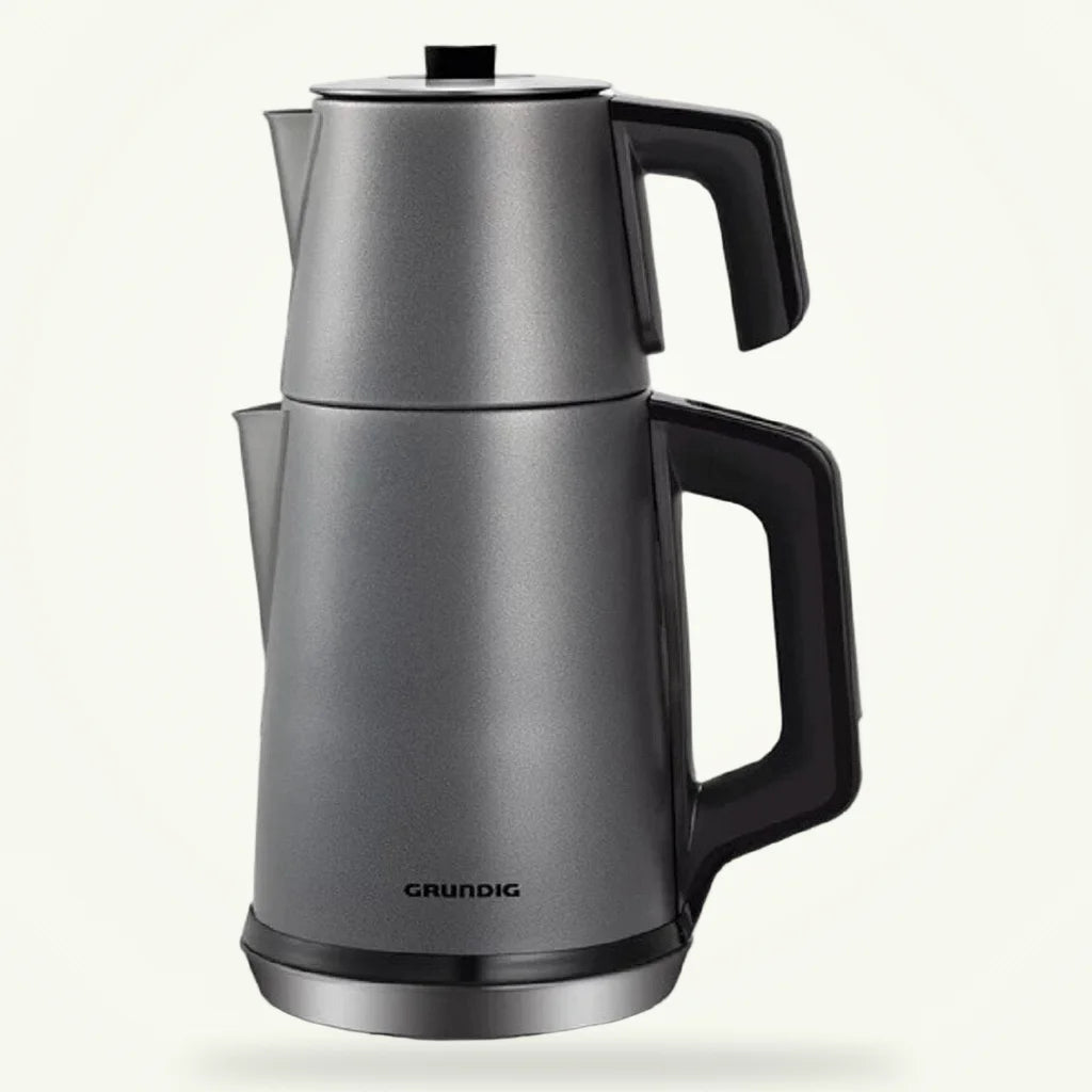 Electric Turkish teapot çaydanlık 0.7L and 1.7L stainless steel on plain background