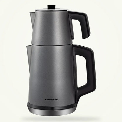 Electric Turkish teapot çaydanlık 0.7L and 1.7L stainless steel on plain background