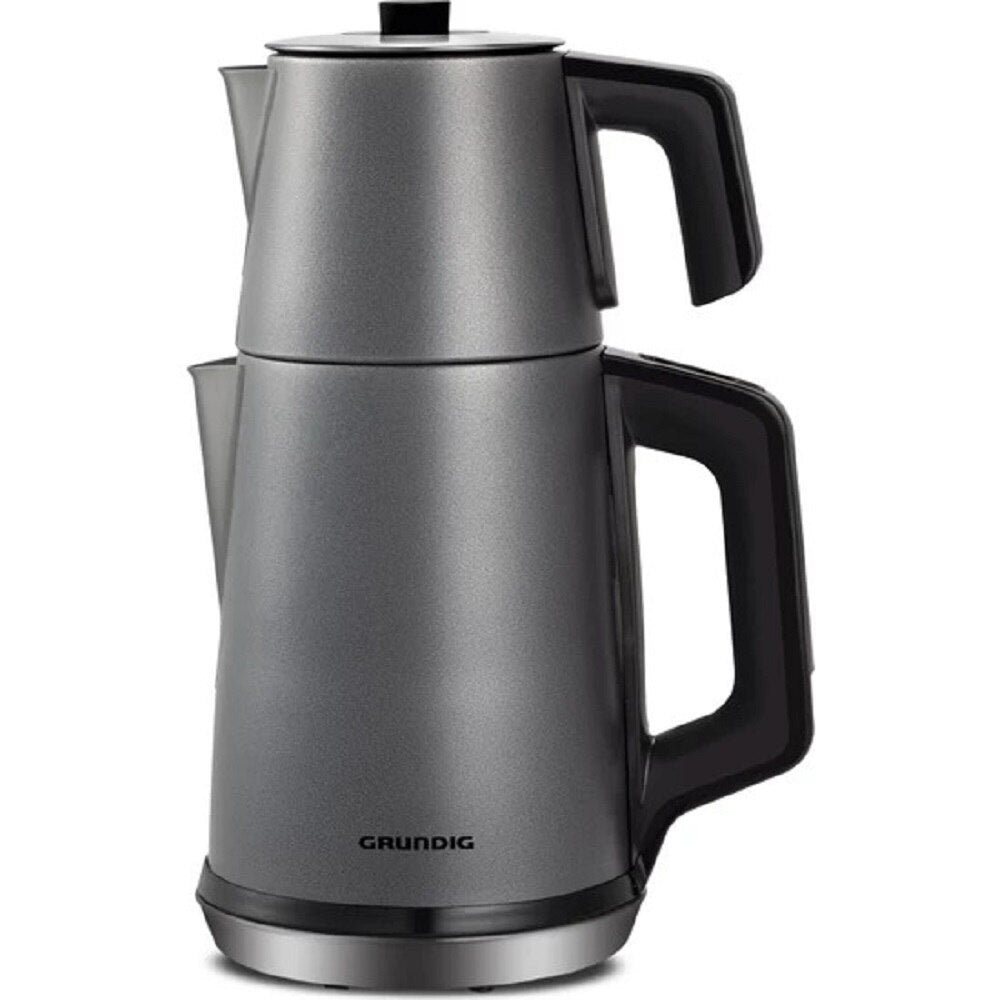 Electric Turkish teapot with two stacked stainless steel pots for double-boiler brewing