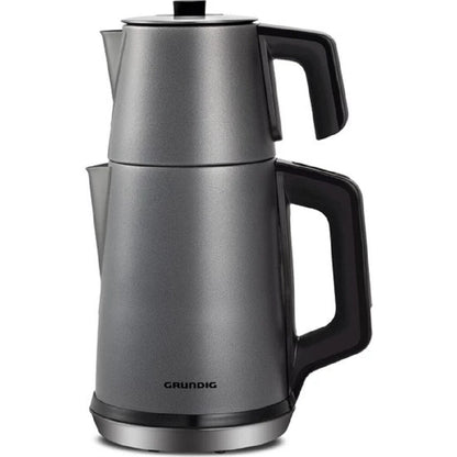 Electric Turkish teapot with two stacked stainless steel pots for double-boiler brewing