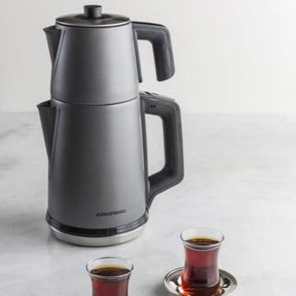 Close-up of stainless steel finish on electric çaydanlık Turkish teapot