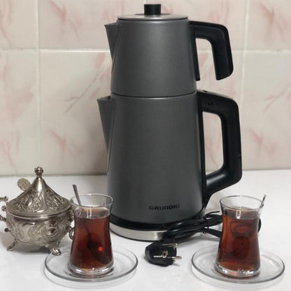 Top view of electric çaydanlık showing double-boiler upper and lower kettles
