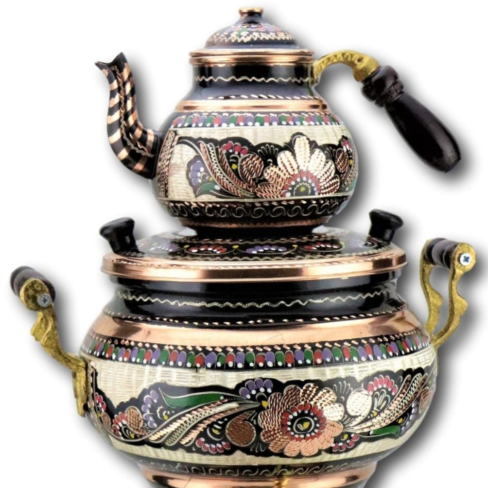 Copper Turkish electric teapot on kitchen counter ready to brew