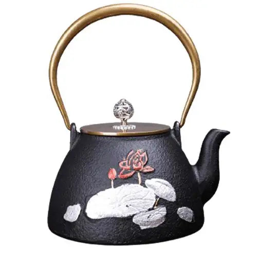 Elegant cast iron teapot with lotus design