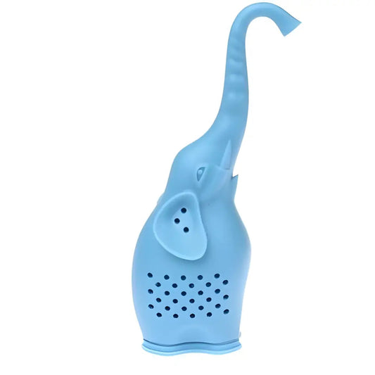 Blue elephant silicone tea infuser resting on a white mug