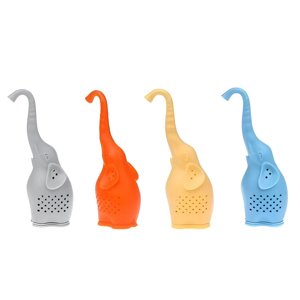 Three elephant silicone tea infusers in gray blue and orange