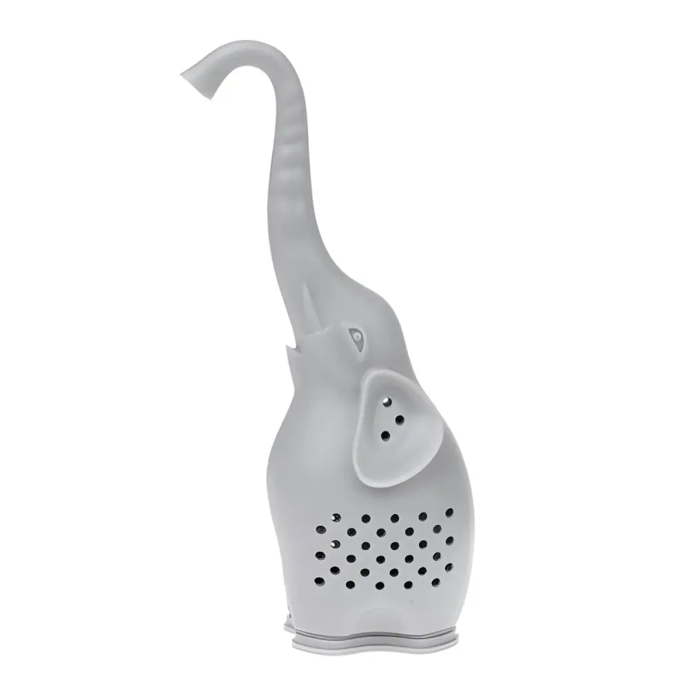 Gray elephant silicone loose leaf tea infuser on mug rim