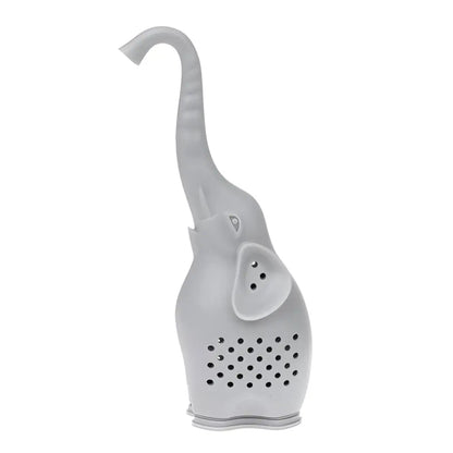 Gray elephant silicone loose leaf tea infuser on mug rim