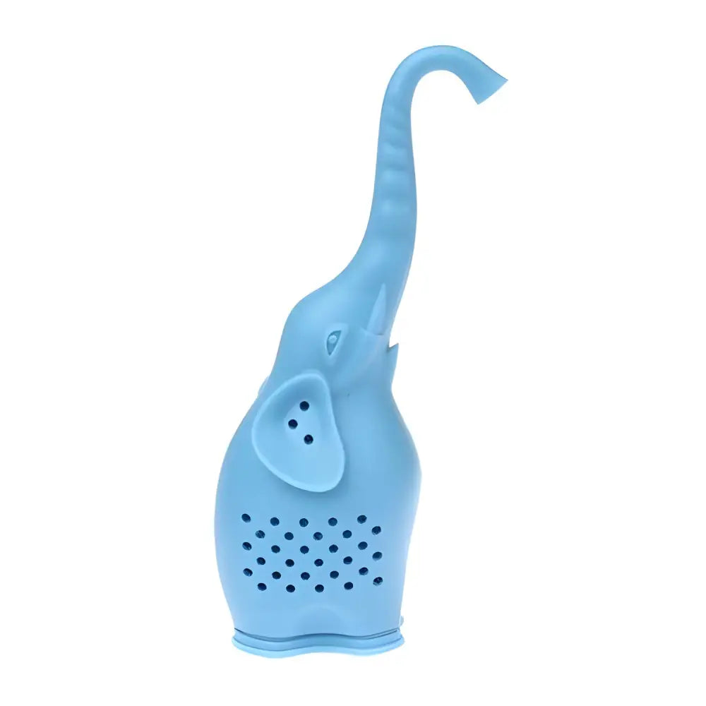 Blue elephant silicone tea infuser with trunk steeping in mug